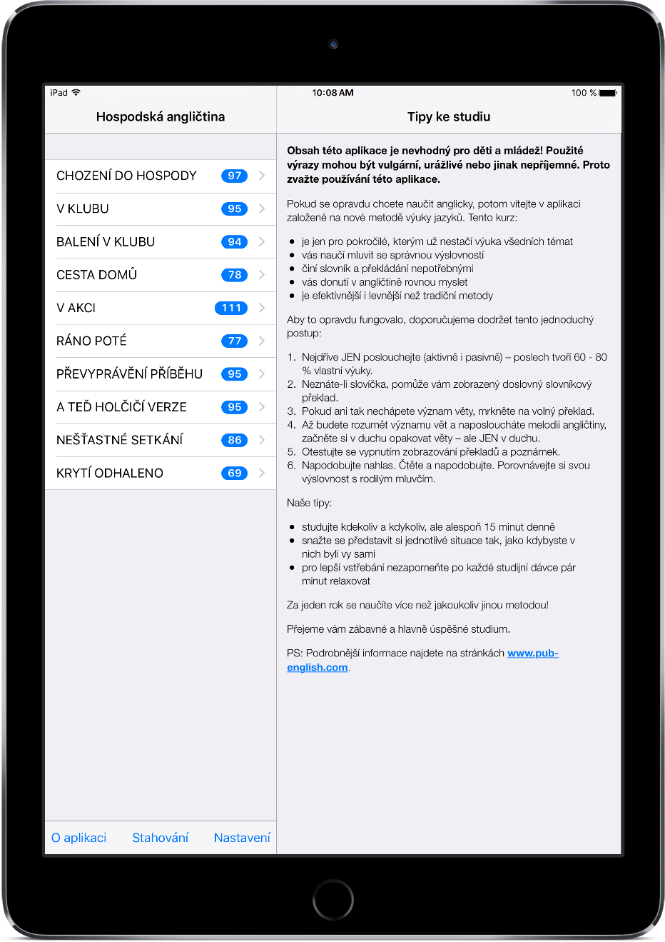 Hospodská angličtina na iPadu - seznam lekcí