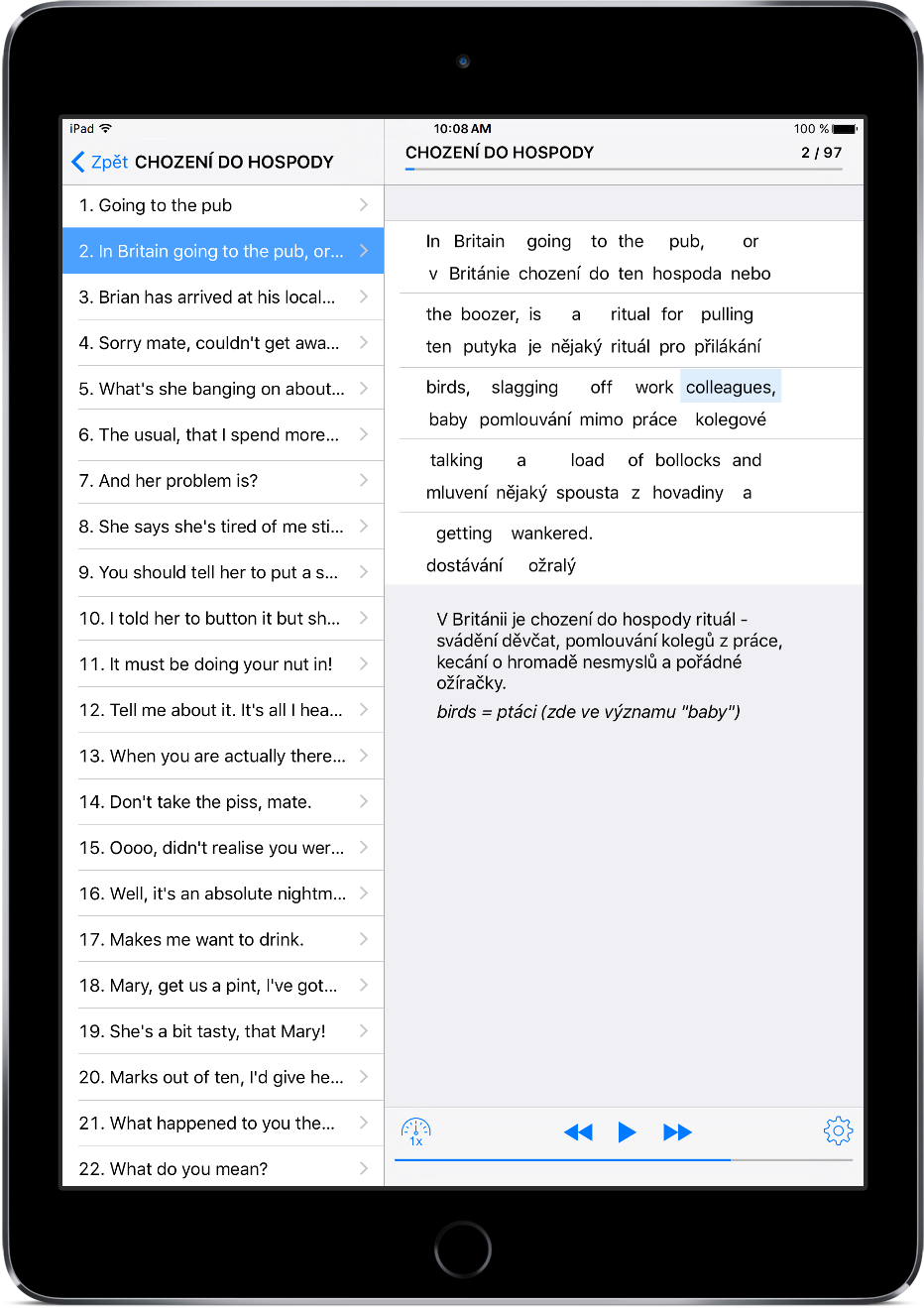 Hospodská angličtina na iPadu - seznam vět