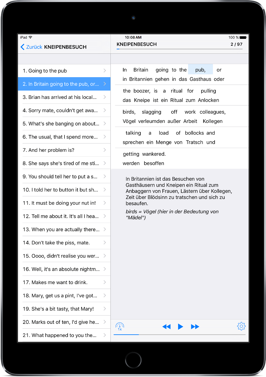 Kneipen-Englisch auf iPad - liste de satze