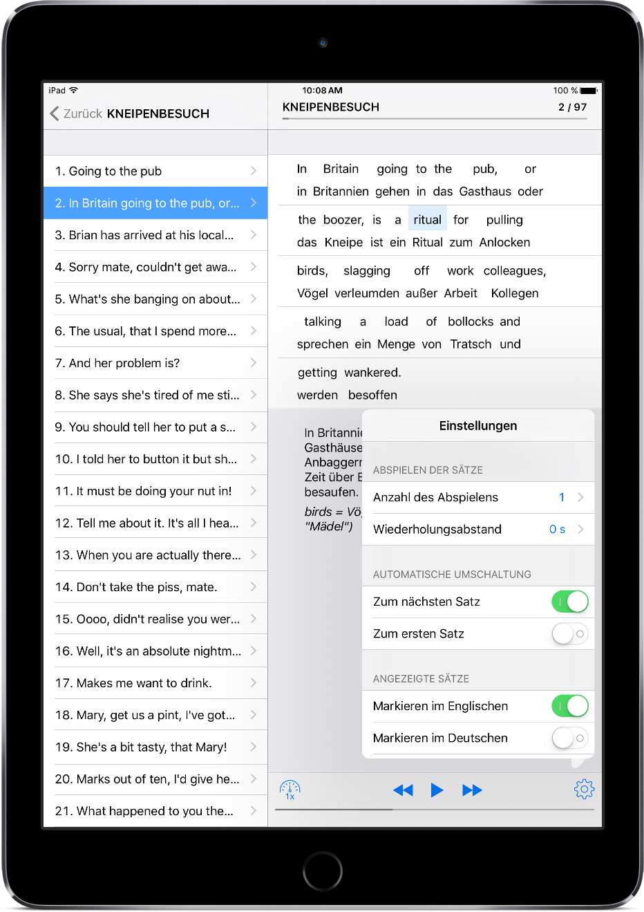 Kneipen-Englisch auf iPad - satz und einstellungen