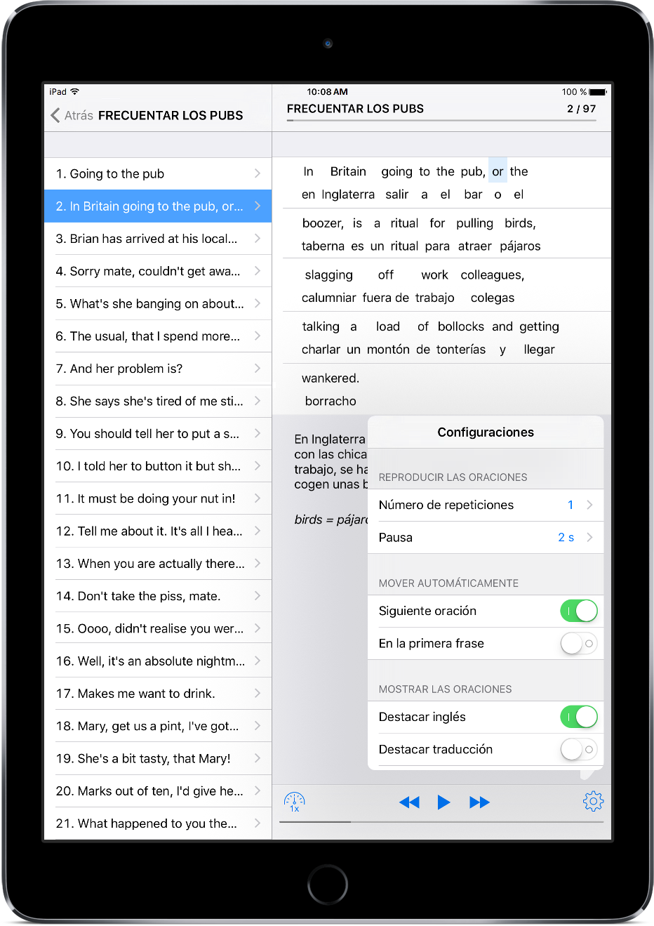 Ingles de Pub en ipad - frase y ajustes